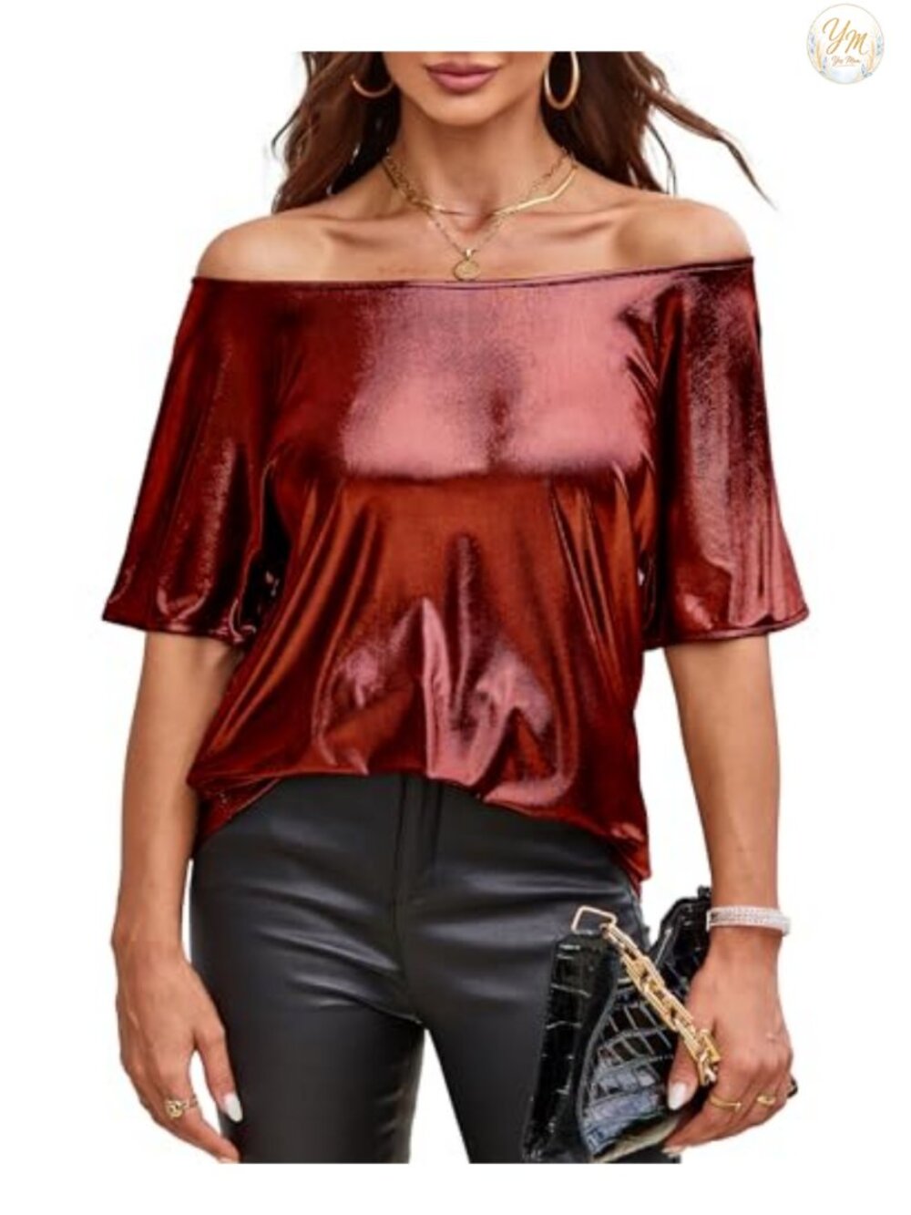 Women's Off Shoulder Sequin Glitter Sparkly Top Short Sleeve Tunic Blouse